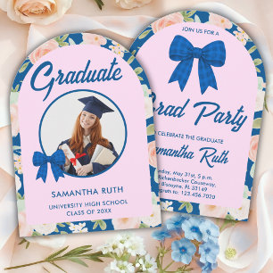 Wildflower Blue Gingham Bow Photo Graduation Party Invitation