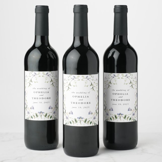 Wildflower Blue Watercolor Wedding Favour Thank Yo Wine Label (Bottles)