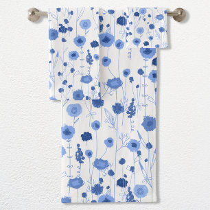 Wildflower Blue White Botanical Art Bath Towel Set