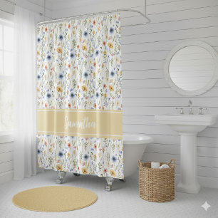 Wildflower Blue Yellow Pink Monogram Watercolor Shower Curtain