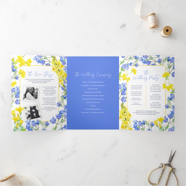 Wildflower blue yellow watercolor botanic wedding Tri-Fold programme (Inside)