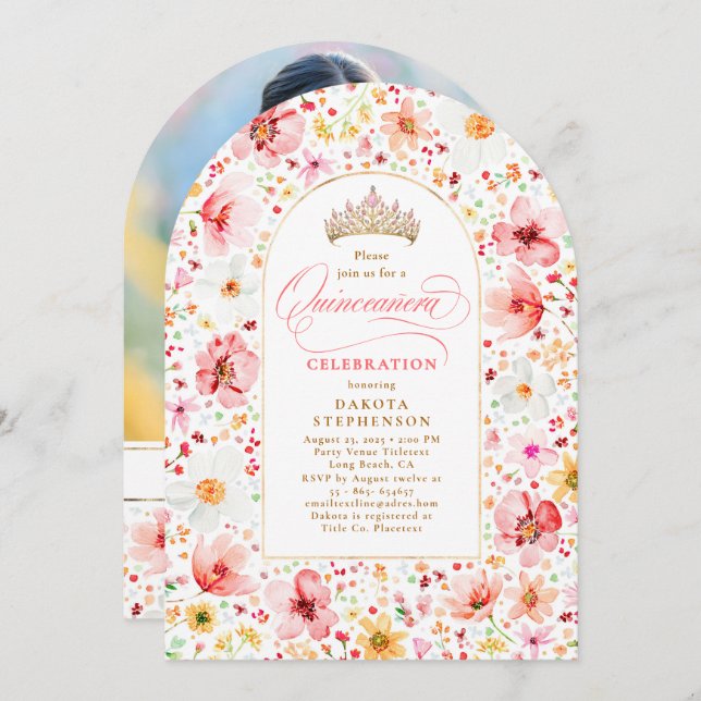Wildflower Blush Floral Garden Quinceanera Photo Invitation (Front/Back)
