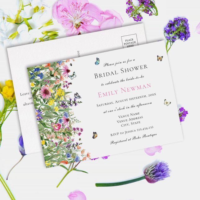 Wildflower Bohemian Bridal Shower Invitation Postcard (Creator Uploaded)