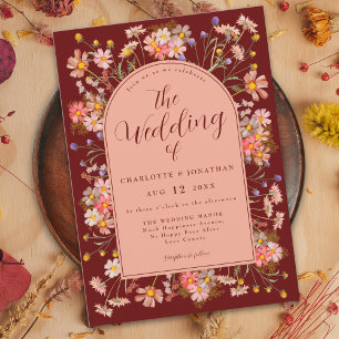 Wildflower Boho Arch Dark Terracotta Fall Wedding Invitation