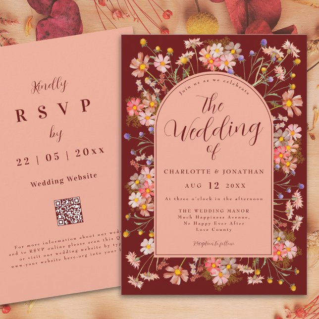 Wildflower Boho Arch Dark Terracotta Fall Wedding Invitation (Wildflower boho arch dark terracotta fall wedding invitation with elegant script)