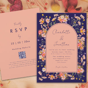Wildflower Boho Arch Navy Blue Fall Wedding Invitation