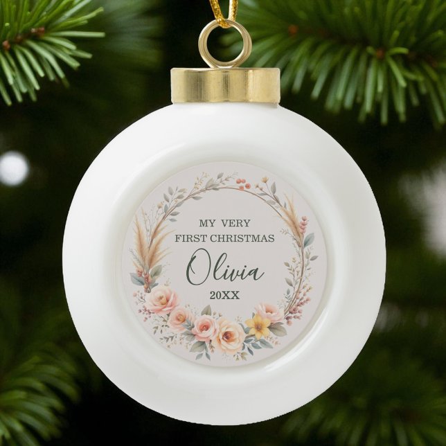 Wildflower Boho Baby First Christmas Personalise Ceramic Ball Christmas Ornament (Creator Uploaded)