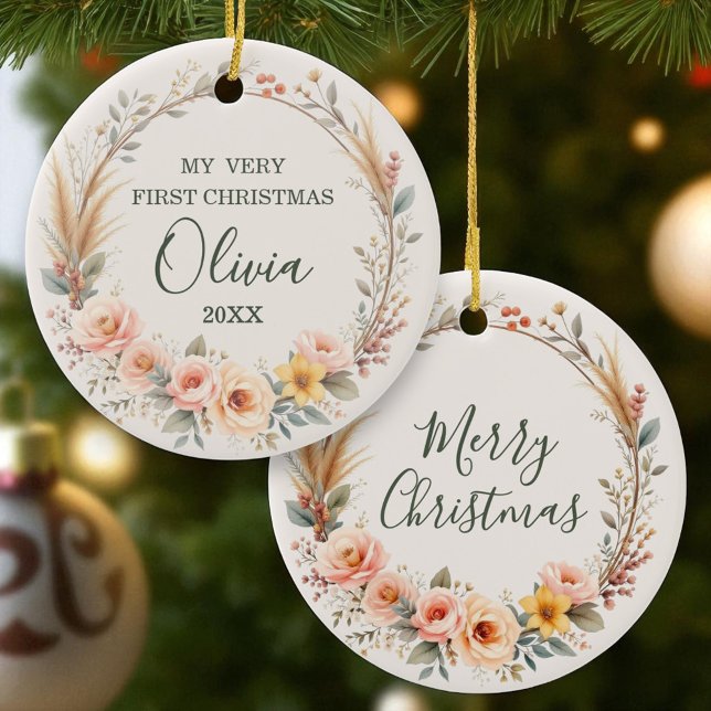 Wildflower Boho Baby First Christmas Personalise Ceramic Tree Decoration (Creator Uploaded)
