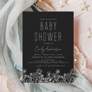 Wildflower Boho Baby Shower Black Elegant Invitation
