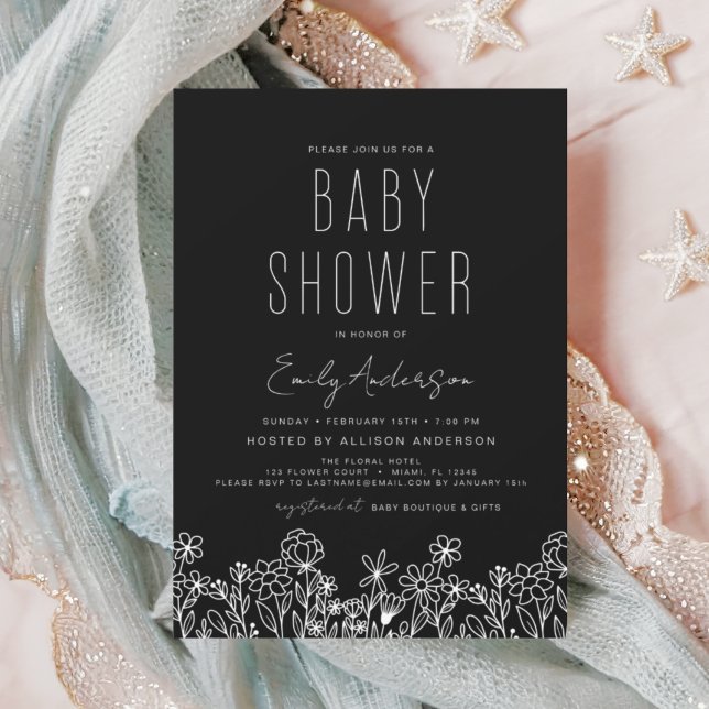 Wildflower Boho Baby Shower Black Elegant Invitation