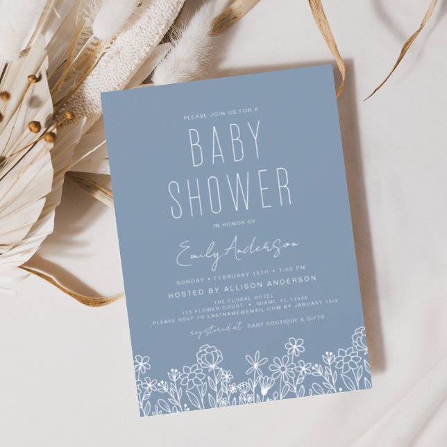 Wildflower Boho Baby Shower Dusty Blue Elegant Invitation (Creator Uploaded)