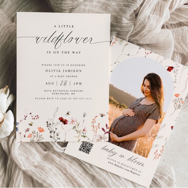 Wildflower Boho Baby Shower Greenery Invitation (Boho A little Wildlflower Baby Shower Invitation with photo on back)
