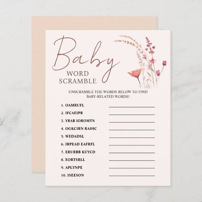  Wildflower Boho Baby Shower Word Scramble Game (Front/Back)