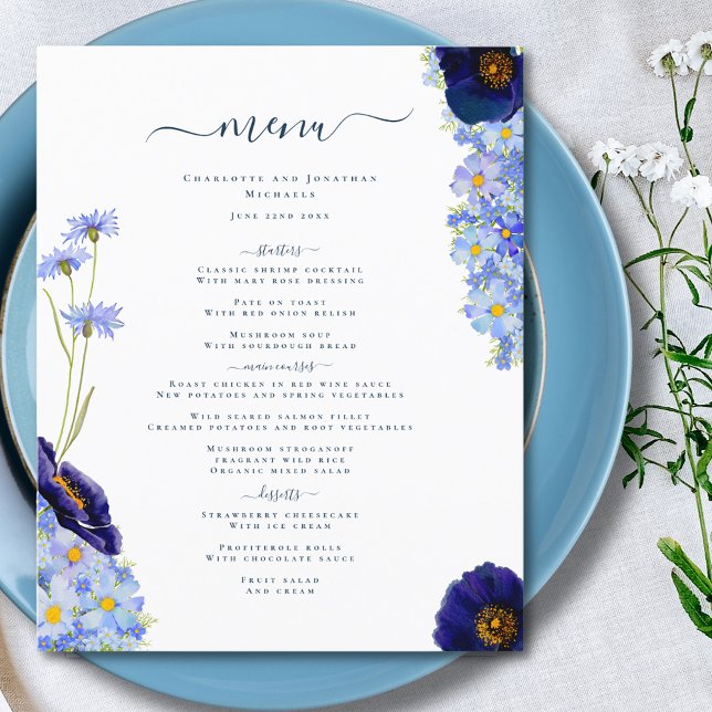 Wildflower Boho Blue Wedding (Elegant wildflower summer floral blue wedding menu with modern typography script)