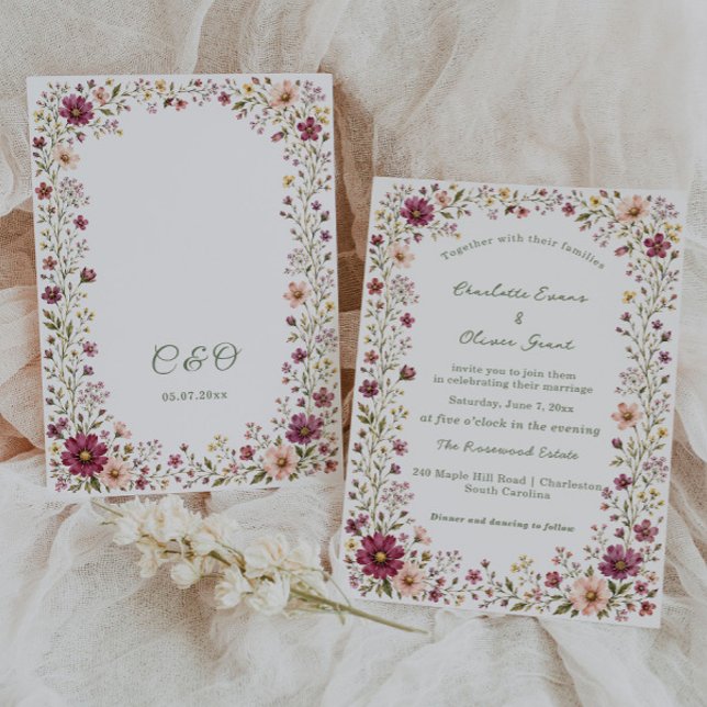 Wildflower Boho Blush Pink Burgundy Wedding Invitation (Creator Uploaded)