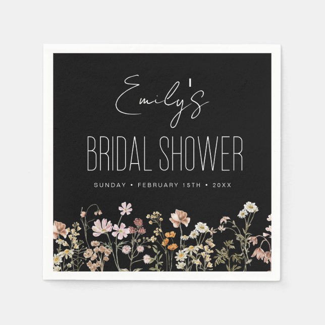 Wildflower Boho Bridal Shower In Bloom Black Napkin (Front)