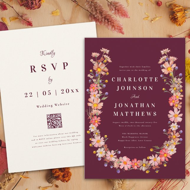 Wildflower Boho Burgundy Fall Wedding Invitation (Wildflower boho romantic burgundy fall wedding invitation terracotta burnt  orange floral watercolor)
