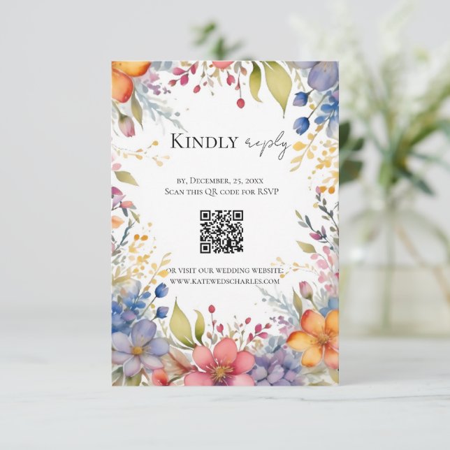 Wildflower boho chic floral wreath rsvp card (Standing Front)