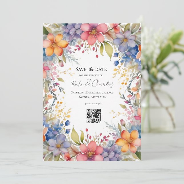 Wildflower boho chic wreath save the date invite (Standing Front)