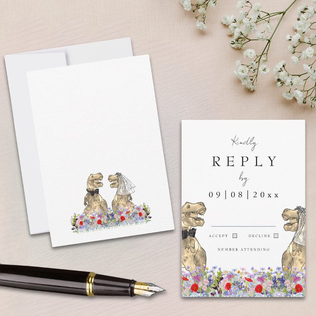 Wildflower Boho Dinosaur Wedding Reply RSVP Card (Dinosaur wedding invitation reply enclosure card with T-Rex bride and groom and colorful wildflowers)