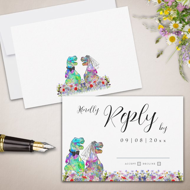 Wildflower Boho Dinosaur Wedding Reply RSVP Card (Wildflower Dinosaur theme wedding invitation rsvp enclosure card)
