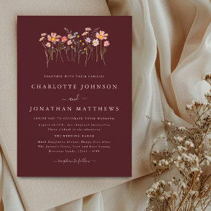 Wildflower Boho Fall Burgundy Blush Pink Wedding Invitation