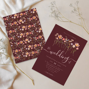 Wildflower Boho Fall Burgundy & Blush Pink Wedding Invitation