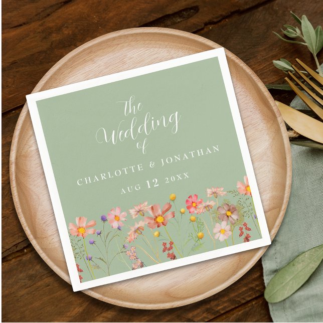 Wildflower Boho Fall Floral Sage Green Wedding Napkin (Personalized Wildflower boho floral sage green & white Wedding napkins watercolor garden meadow)