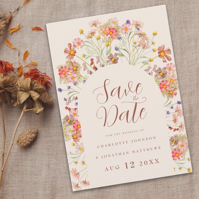Wildflower Boho Fall Rustic Floral Arch Wedding Save The Date (Wildflower boho fall rustic floral arch wedding save the date invitation Beige and terracotta )
