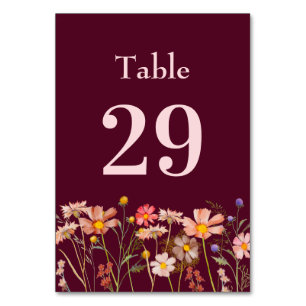 Wildflower Boho Floral Burgundy Blush Pink Wedding Table Number