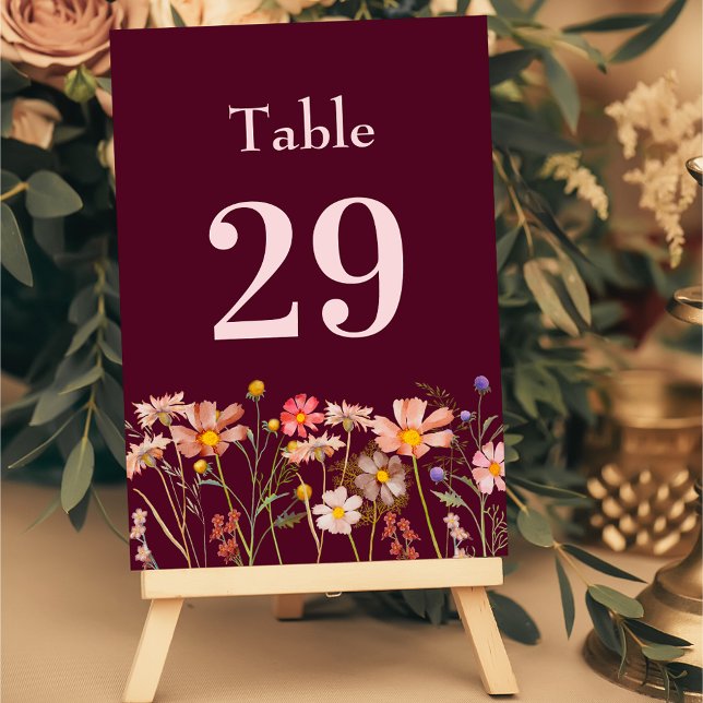 Wildflower Boho Floral Burgundy Blush Pink Wedding Table Number (Wildflower boho floral burgundy blush pink Wedding table number card Watercolor fall garden meadow)