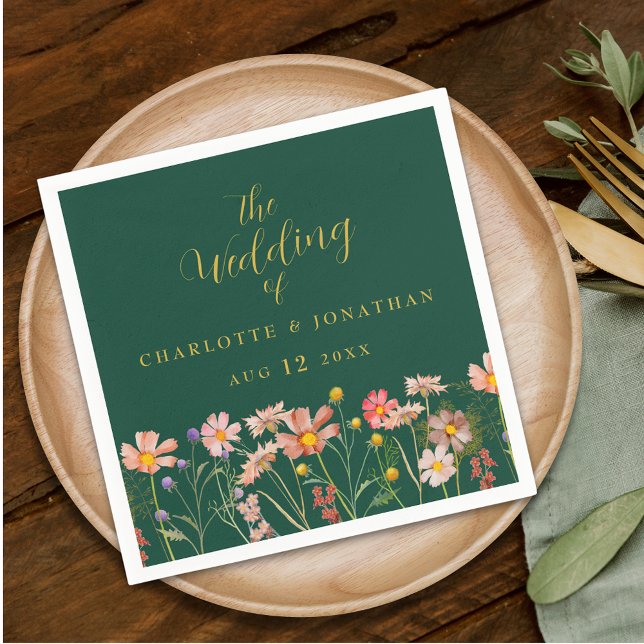 Wildflower Boho Floral Green Gold Wedding Napkin (Elegant Wildflower boho floral green & gold Wedding napkins watercolor meadow flowers)