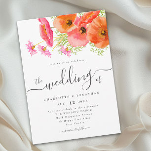 Wildflower Boho Floral Vibrant Pink Orange Wedding Invitation