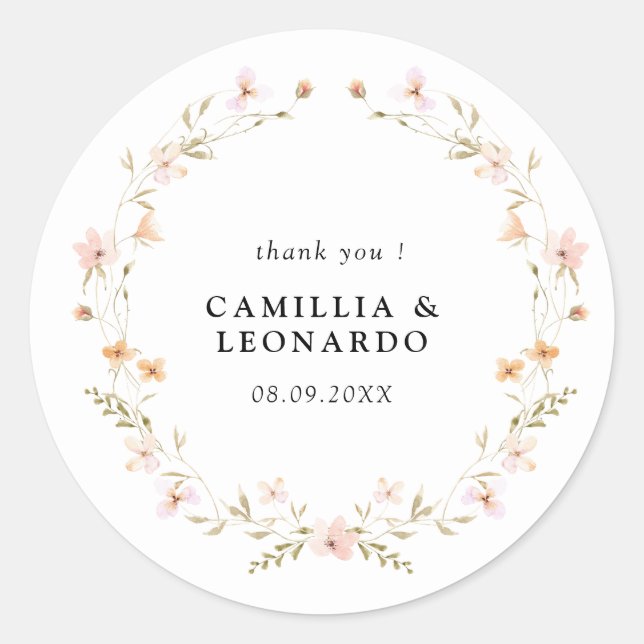 Wildflower Boho Floral Wedding Classic Round Sticker (Front)
