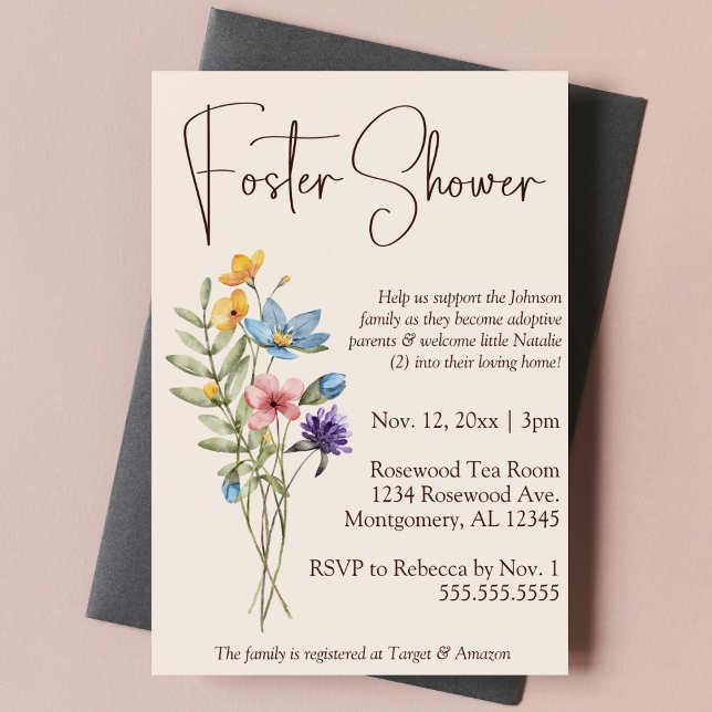 Wildflower Boho Foster Care Baby/Child Shower Invitation (Wildflower botanical nature foster care baby child shower invitation simple boho floral script type)