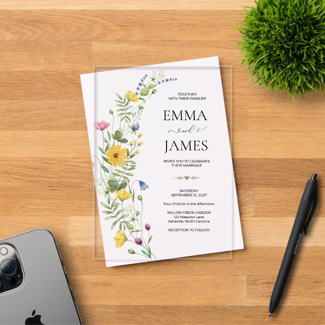 Wildflower Boho Minimalist Modern Meadow Wedding Acrylic Invitations (Creator Uploaded)