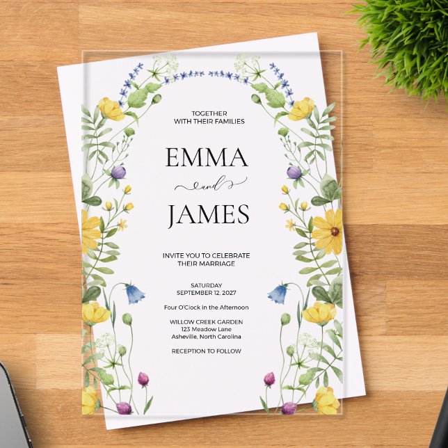 Wildflower Boho Minimalist Modern Meadow Wedding Acrylic Invitations (Creator Uploaded)