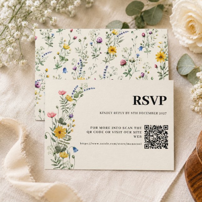 Wildflower Boho Modern Wedding Qr Code  RSVP Card (Creator Uploaded)