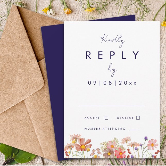 Wildflower Boho Navy Blue Fall Wedding Reply RSVP Card (Wildflower boho navy blue terracotta burnt orange fall wedding invitation reply enclosure card rsvp)