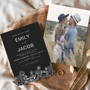Wildflower Boho Photo Black Wedding Invitation