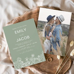 Wildflower Boho Photo Sage Green Wedding Invitation