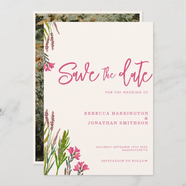 Wildflower Boho Pink Photo Wedding Save The Date Invitation (Front/Back)