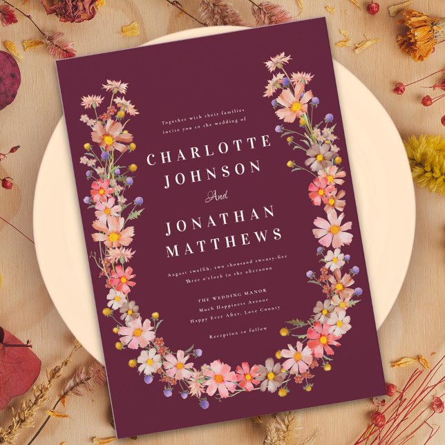 Wildflower Boho Romantic Burgundy Fall Wedding Invitation (wildflower romantic burgundy fall wedding invitation burnt Orange terracotta dried flower wreath)