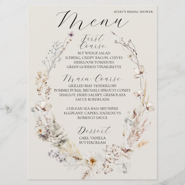 Wildflower Boho Rustic Elegant Bridal Shower Menu (Front)