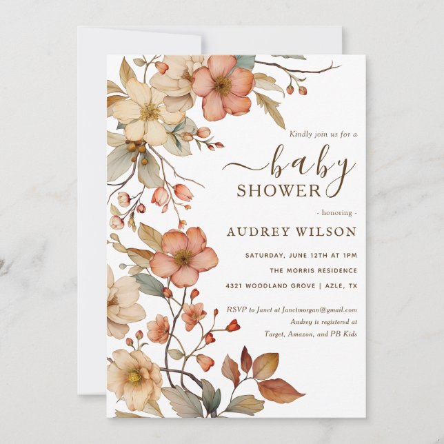 Wildflower Boho Watercolor Baby Shower Invitation (Front)