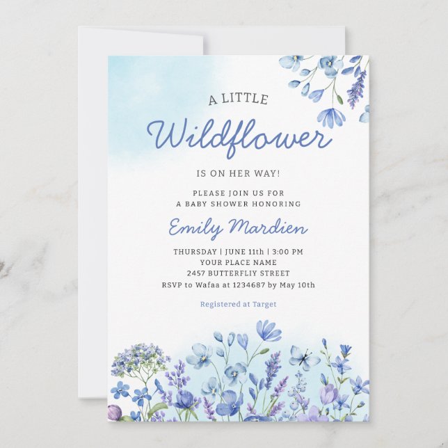 Wildflower Boho watercolor Blue Floral Baby Showe Invitation (Front)