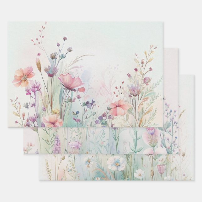 Wildflower Boho Watercolor Bridal Shower Birthday  Wrapping Paper Sheet (Set)