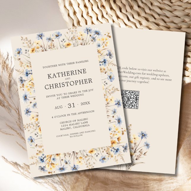 Wildflower BOHO Watercolor Elegant Beige Wedding Invitation (BOHO Wildflowers Wedding Invitation with Blue and Yellow Wildflowers, QR Code, Beige Background.)