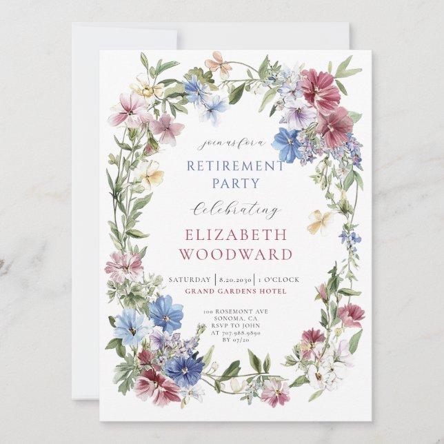 Wildflower Boho Watercolor Wreath Retirement Party Invitation (Front)