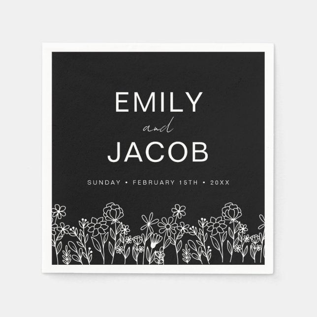 Wildflower Boho Wedding In Bloom Black Napkin (Front)